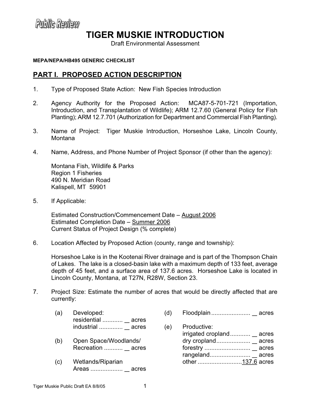 TIGER MUSKIE INTRODUCTION Draft Environmental Assessment