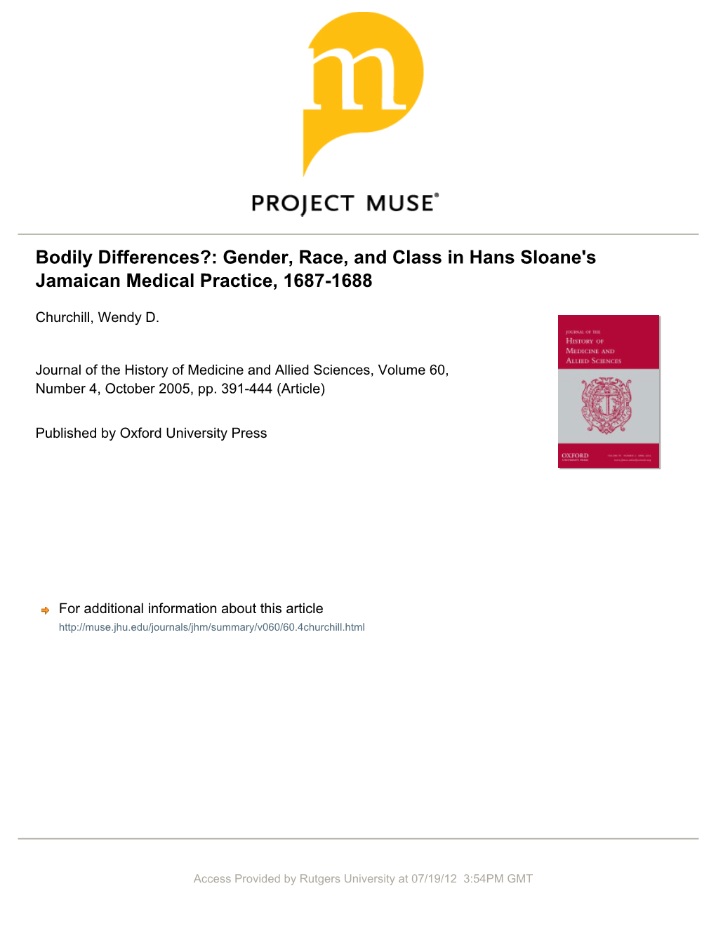 Bodily Differences?: Gender, Race, and Class in Hans Sloane's Jamaican Medical Practice, 1687-1688