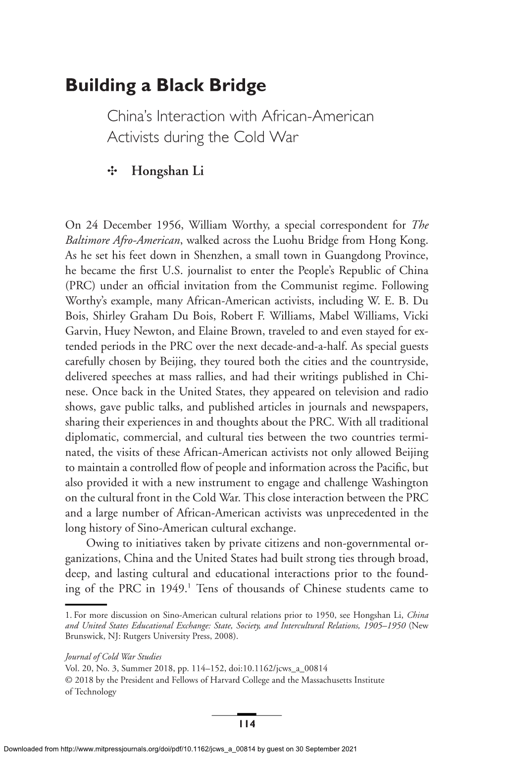 Building a Black Bridge China’S Interaction with African-American Activists During the Cold War