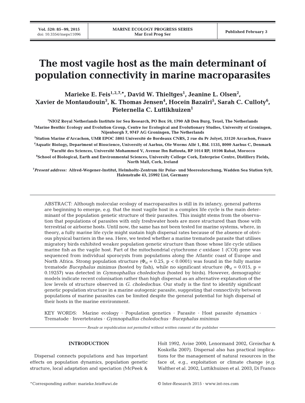 The Most Vagile Host As the Main Determinant of Population Connectivity in Marine Macroparasites