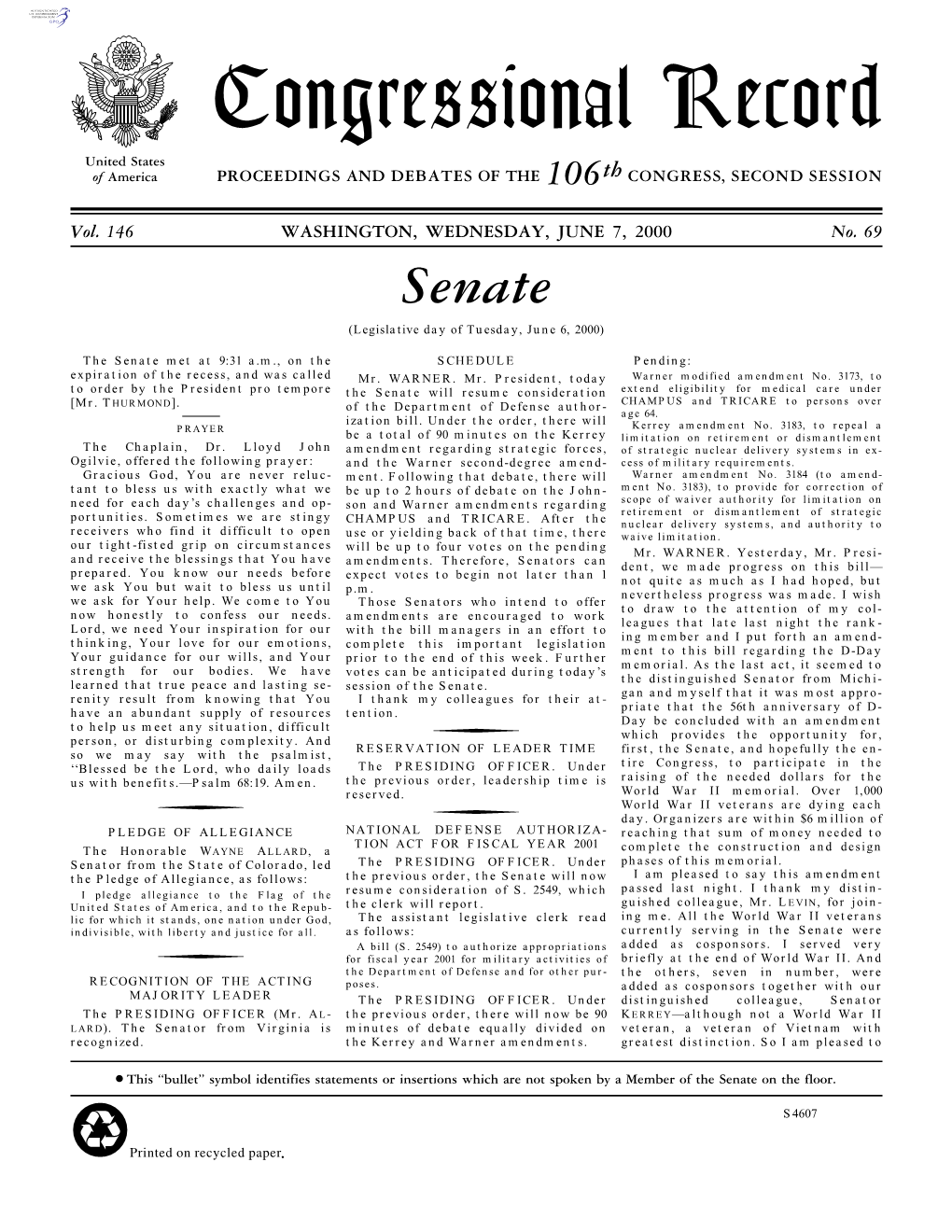 Congressional Record United States of America PROCEEDINGS and DEBATES of the 106Th CONGRESS, SECOND SESSION