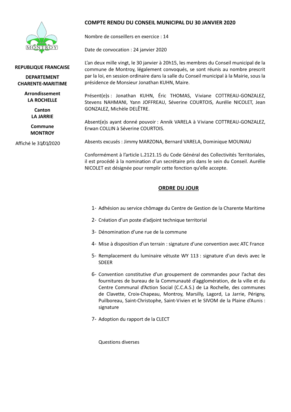 Compte Rendu Du Conseil Municipal Du 30 Janvier 2020