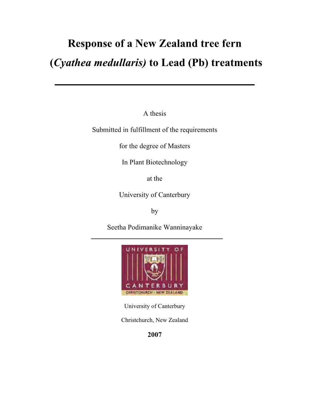 Response of a New Zealand Tree Fern (Cyathea Medullaris) to Lead (Pb) Treatments