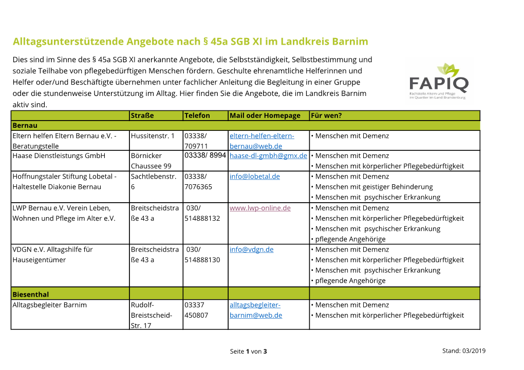 Alltagsunterstützende Angebote Nach § 45A SGB XI Im Landkreis Barnim