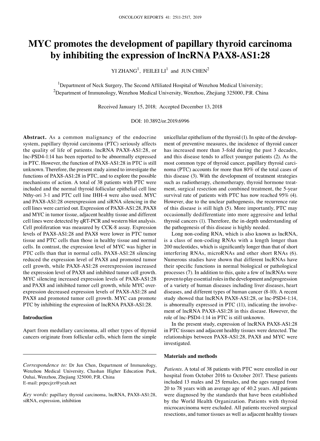 MYC Promotes the Development of Papillary Thyroid Carcinoma by Inhibiting the Expression of Lncrna PAX8‑AS1:28