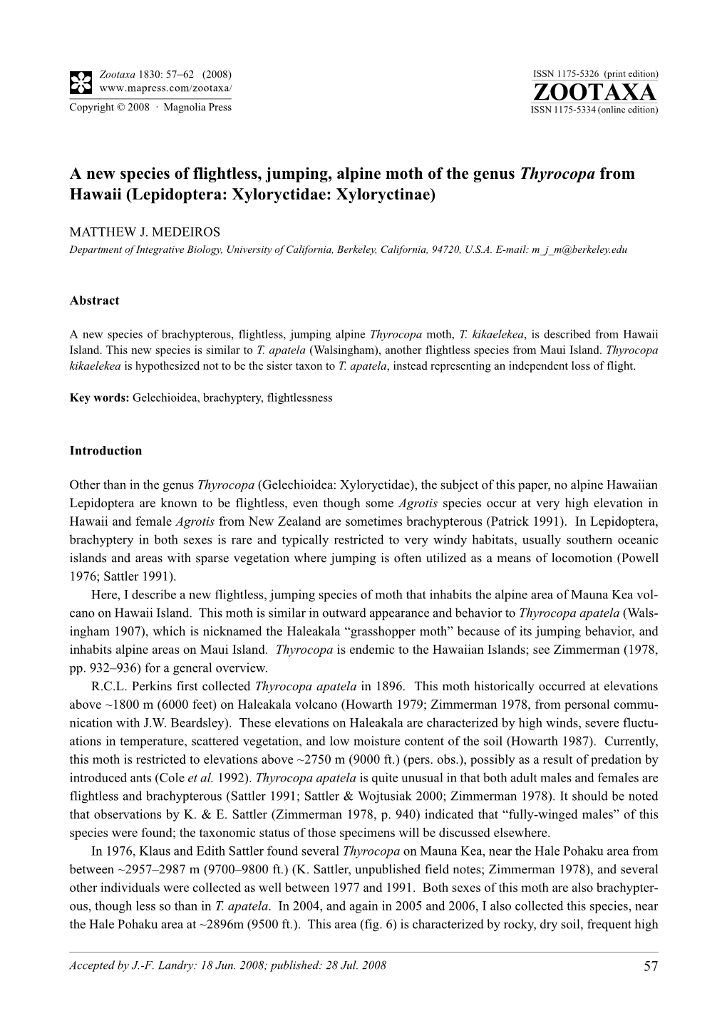 Zootaxa, a New Species of Flightless, Jumping, Alpine Moth of the Genus Thyrocopa From