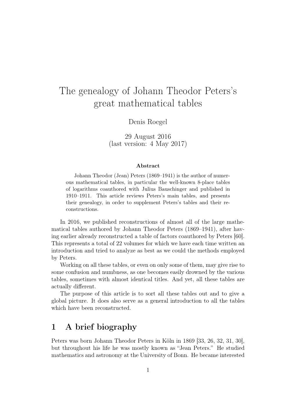 The Genealogy of Johann Theodor Peters's Great Mathematical Tables