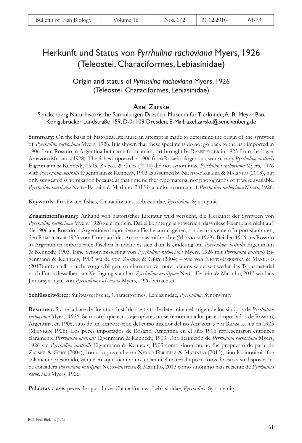 Herkunft Und Status Von Pyrrhulina Rachoviana Myers, 1926 (Teleostei, Characiformes, Lebiasinidae)
