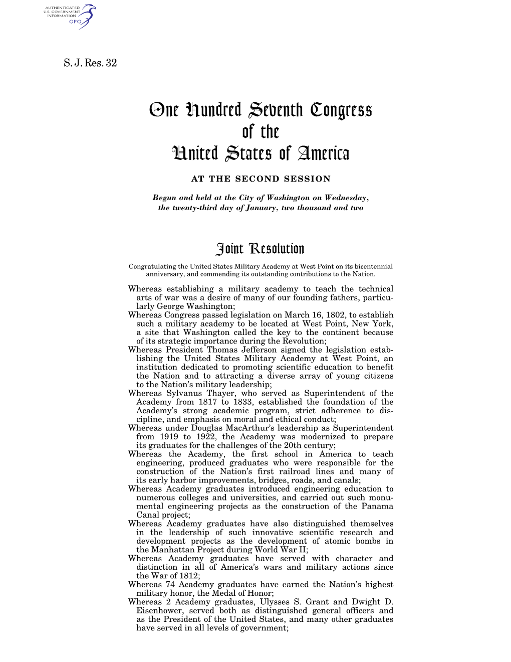 One Hundred Seventh Congress of the United States of America