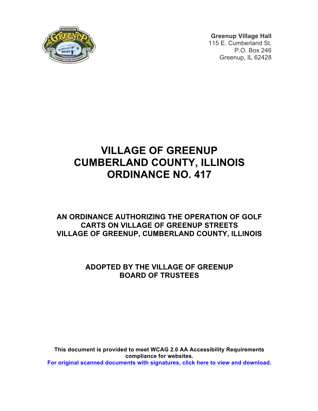 Village of Greenup Ordinance Number 417