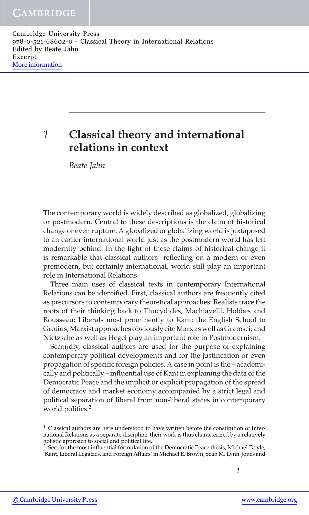 1 Classical Theory and International Relations in Context Beate Jahn