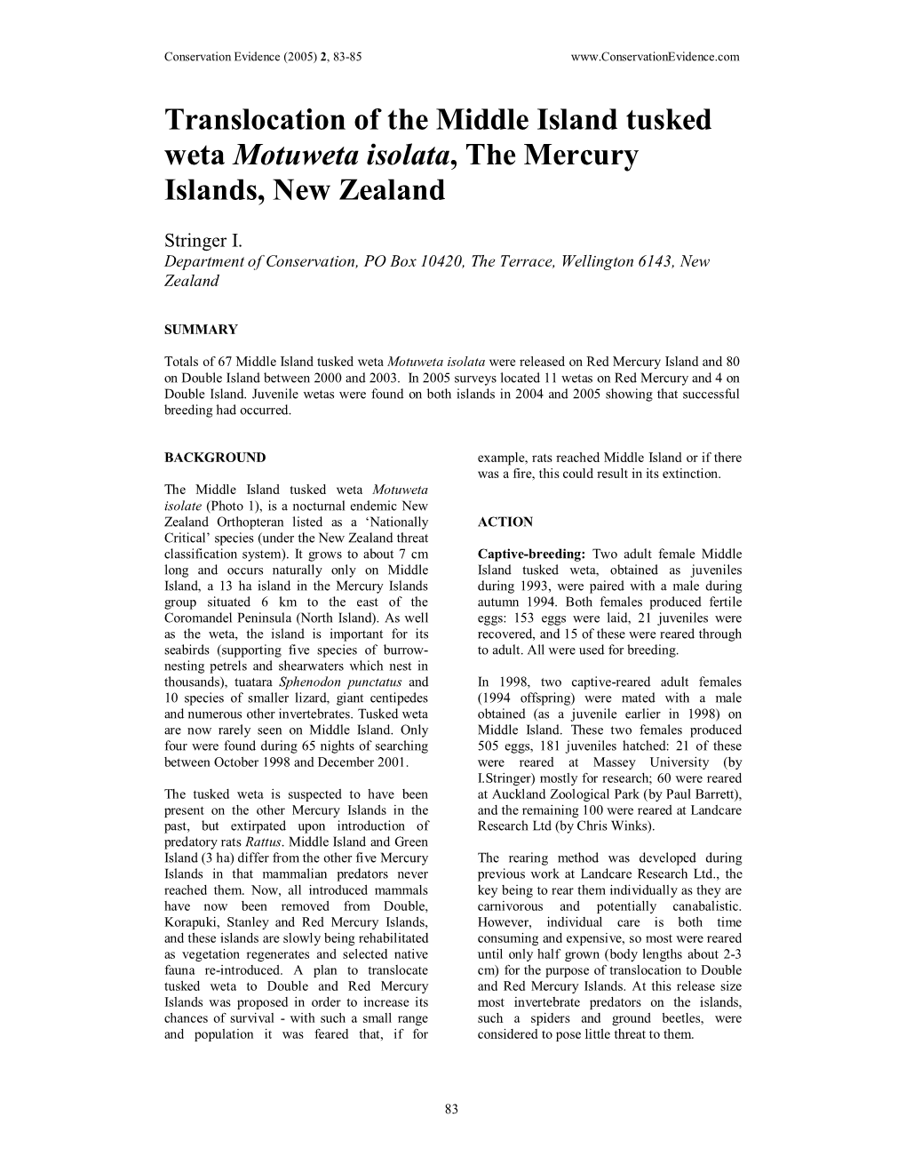 Translocation of the Middle Island Tusked Weta Motuweta Isolata, The