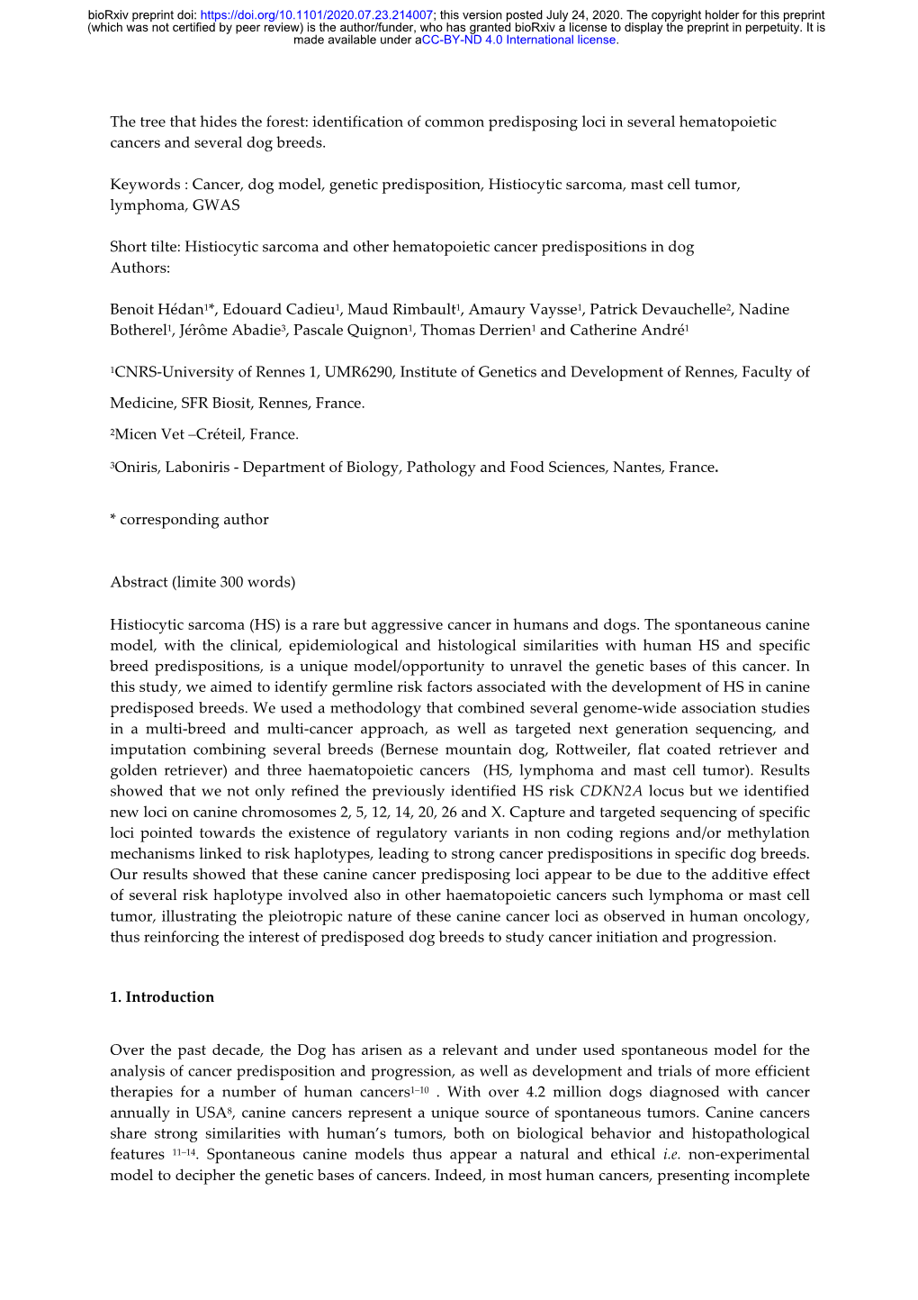 Identification of Common Predisposing Loci in Several Hematopoietic Cancers and Several Dog Breeds