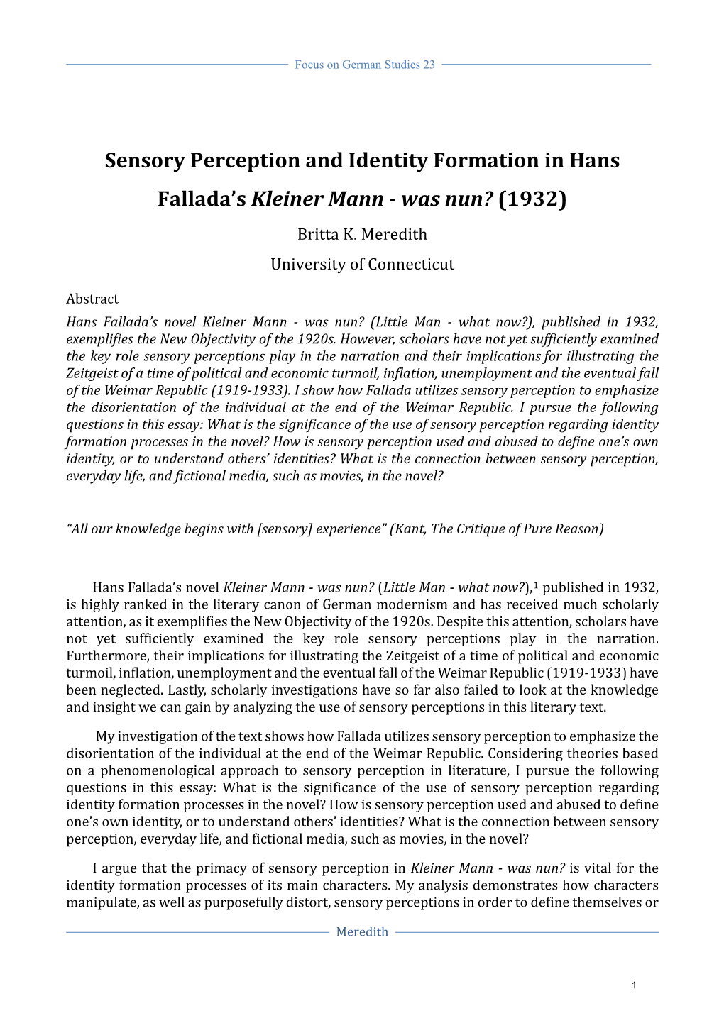 Sensory Perception and Identity Formation in Hans Fallada's Kleiner Mann