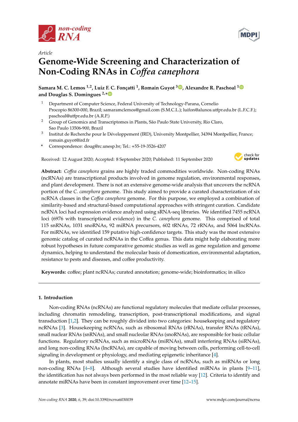 Genome-Wide Screening and Characterization of Non-Coding Rnas in Coﬀea Canephora