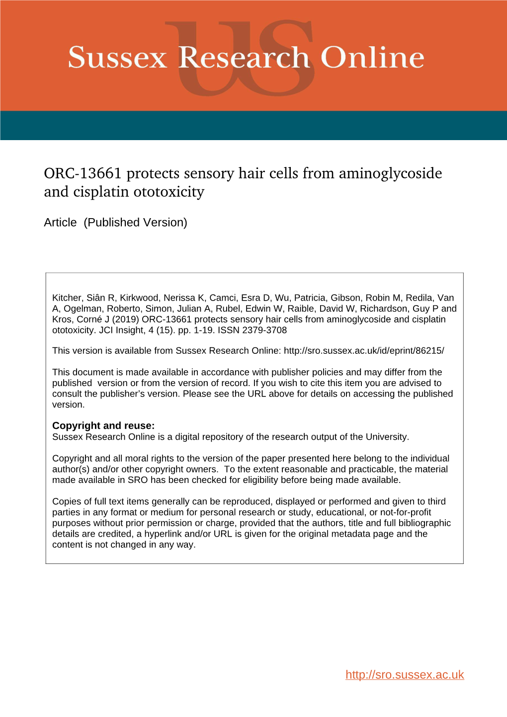 ORC13661 Protects Sensory Hair Cells from Aminoglycoside and Cisplatin