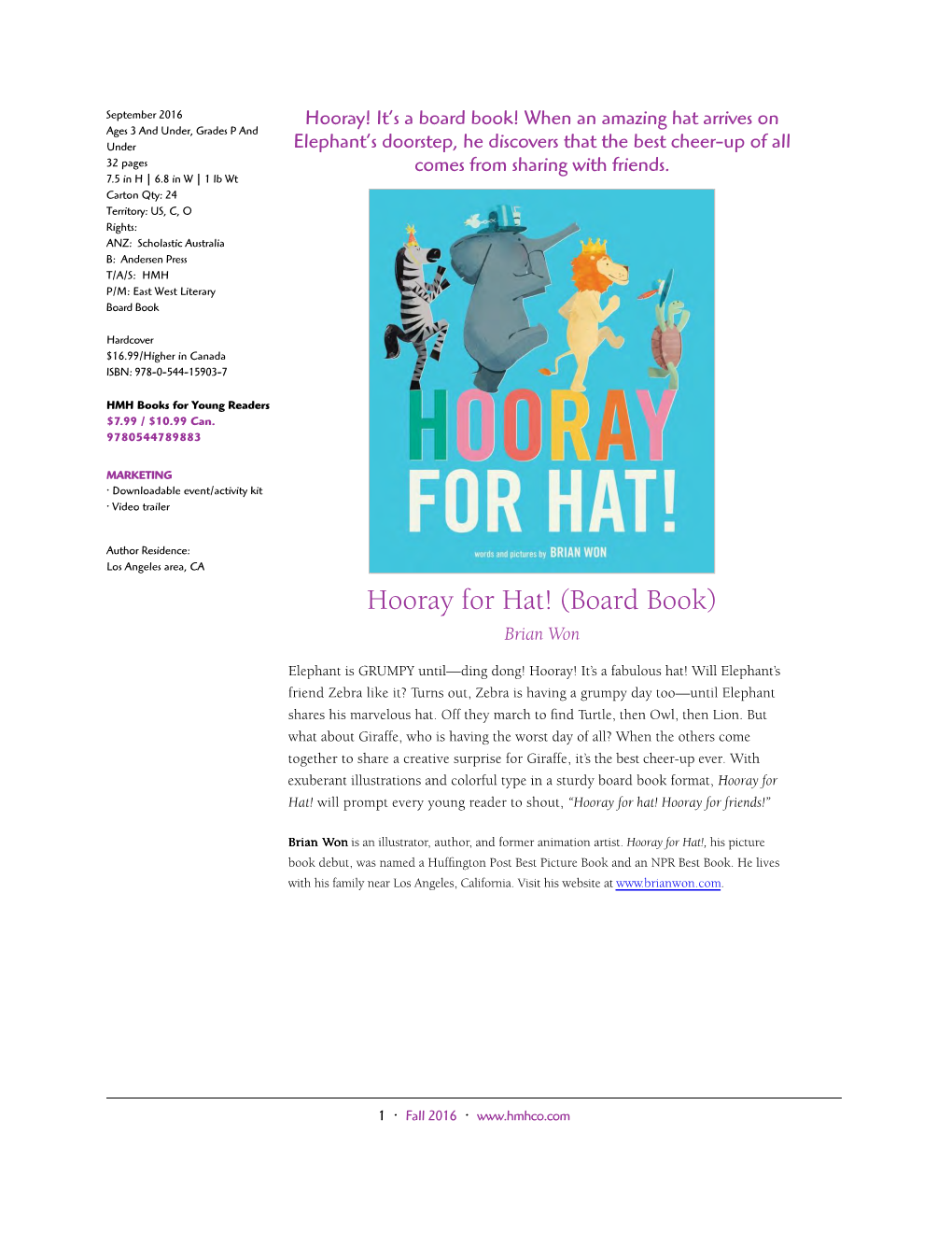 Hooray for Hat! (Board Book) Brian Won