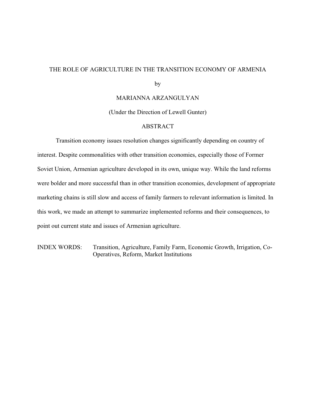 The Role of Agriculture in the Transition Economy of Armenia