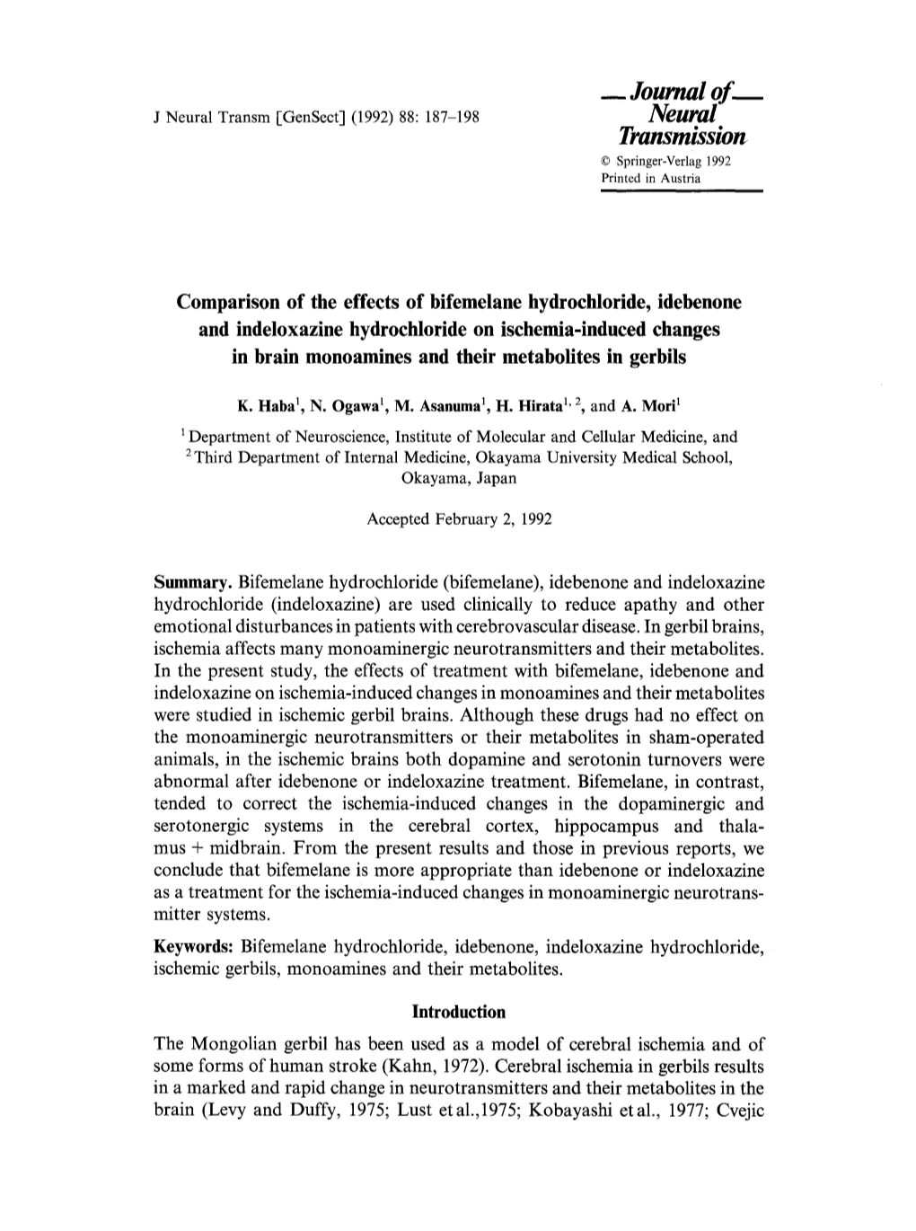 Comparison of the Effects of Bifemelane Hydrochloride