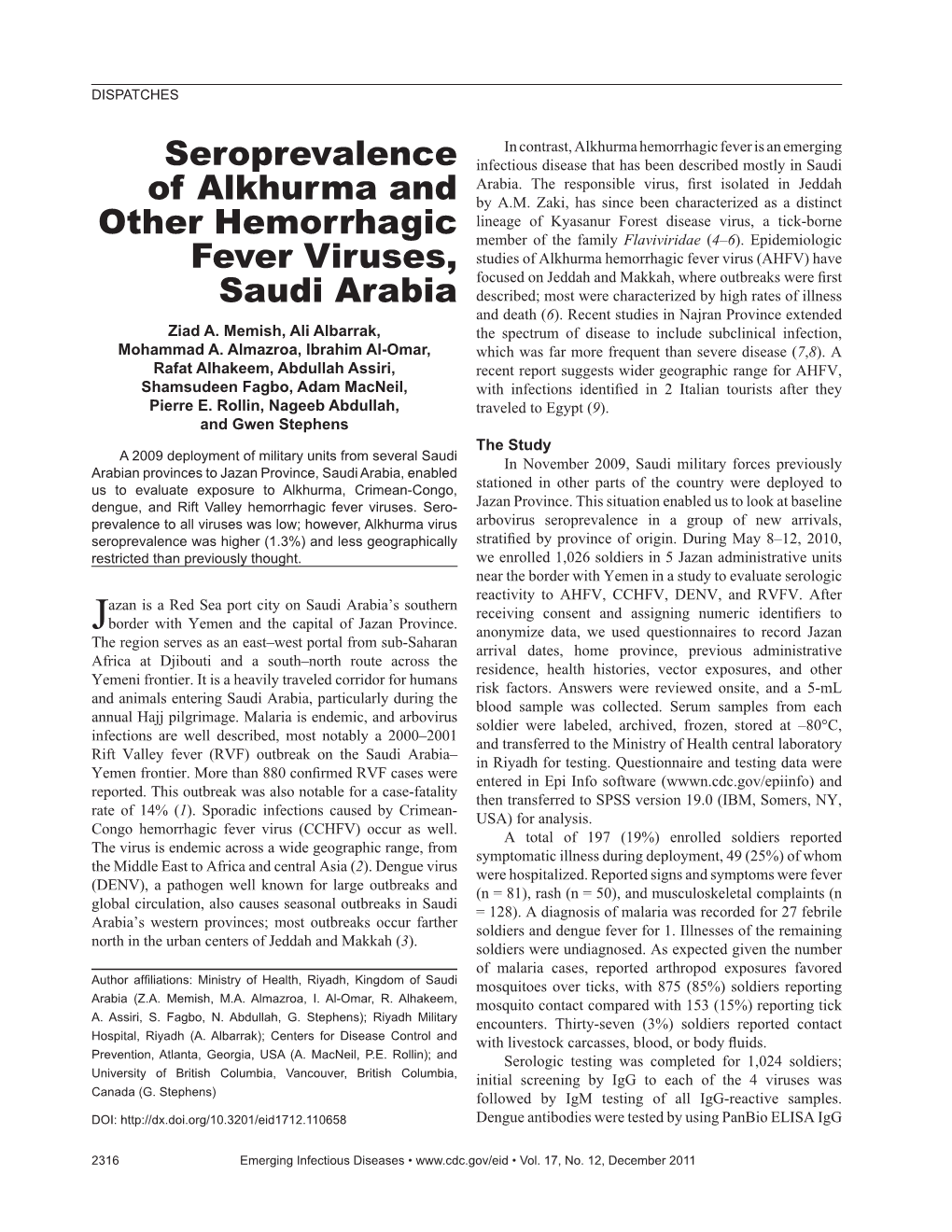 Seroprevalence of Alkhurma and Other Hemorrhagic Fever Viruses