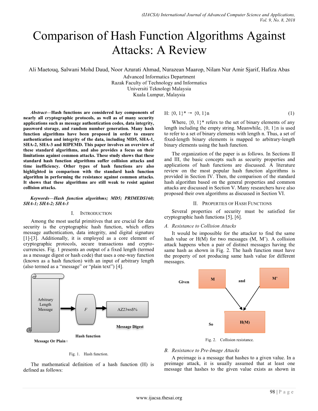 Comparison of Hash Function Algorithms Against Attacks: a Review