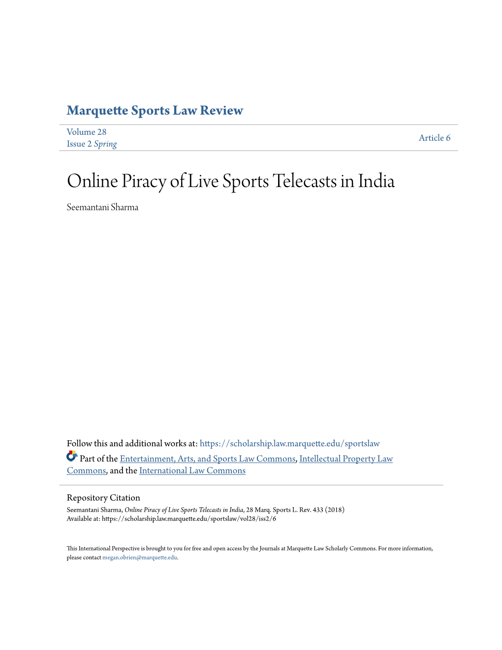 Online Piracy of Live Sports Telecasts in India Seemantani Sharma