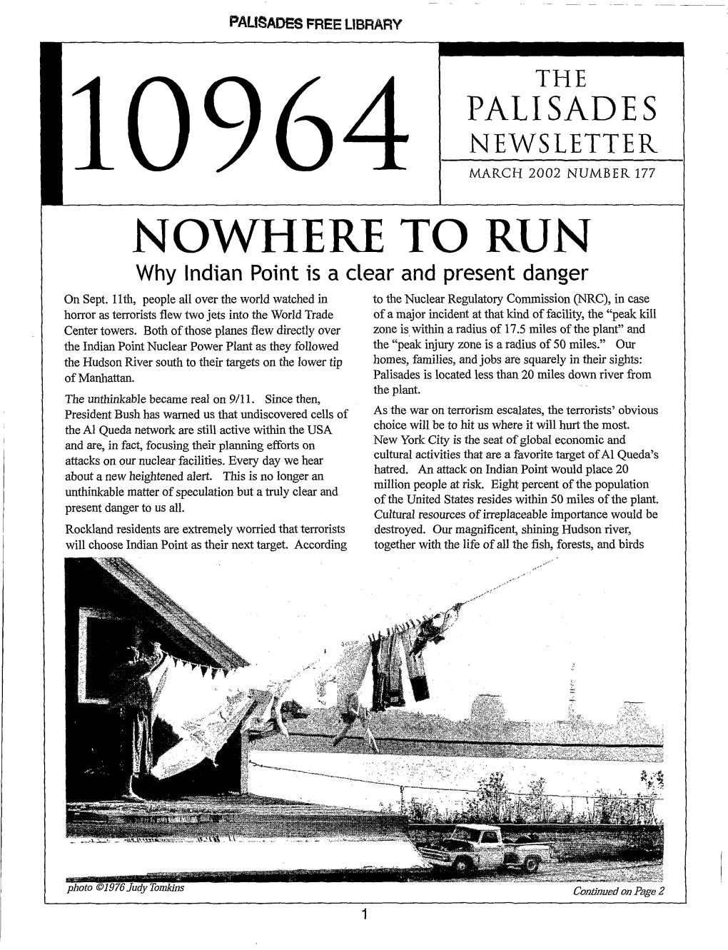 MARCH 2002 NUMBER 177 NOWHERE to RUN Why Indian Point Is a Clear and Present Danger on Sept