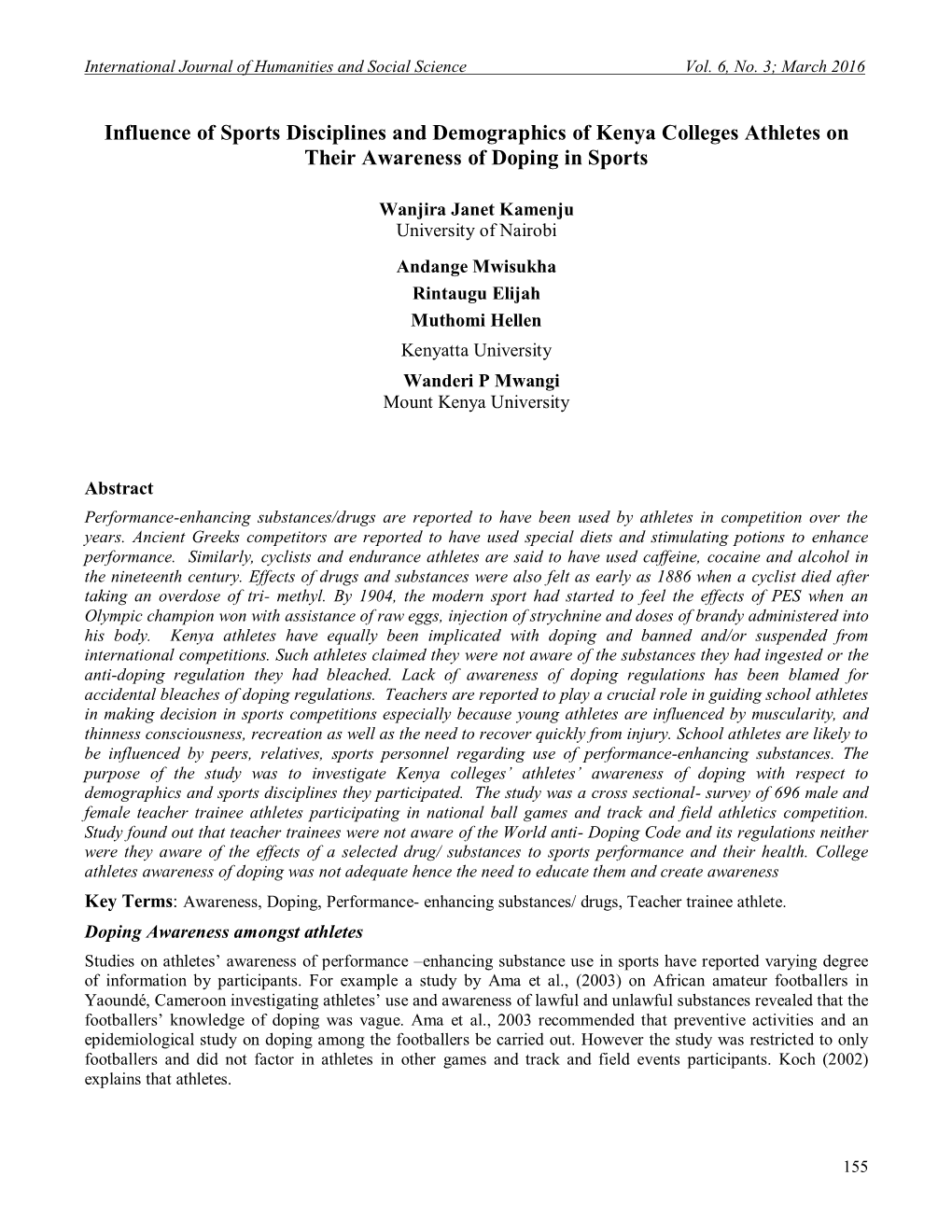 Influence of Sports Disciplines and Demographics of Kenya Colleges Athletes on Their Awareness of Doping in Sports