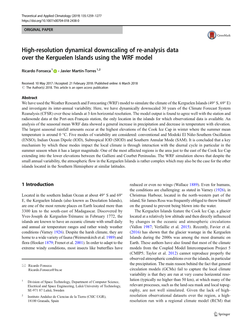 High-Resolution Dynamical Downscaling of Re-Analysis Data Over the Kerguelen Islands Using the WRF Model