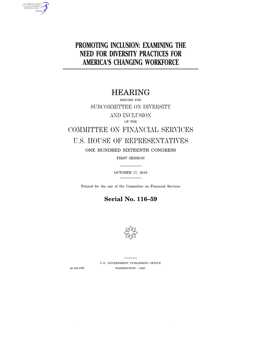 Examining the Need for Diversity Practices for America's Changing Workforce Hearing Committee on Financia