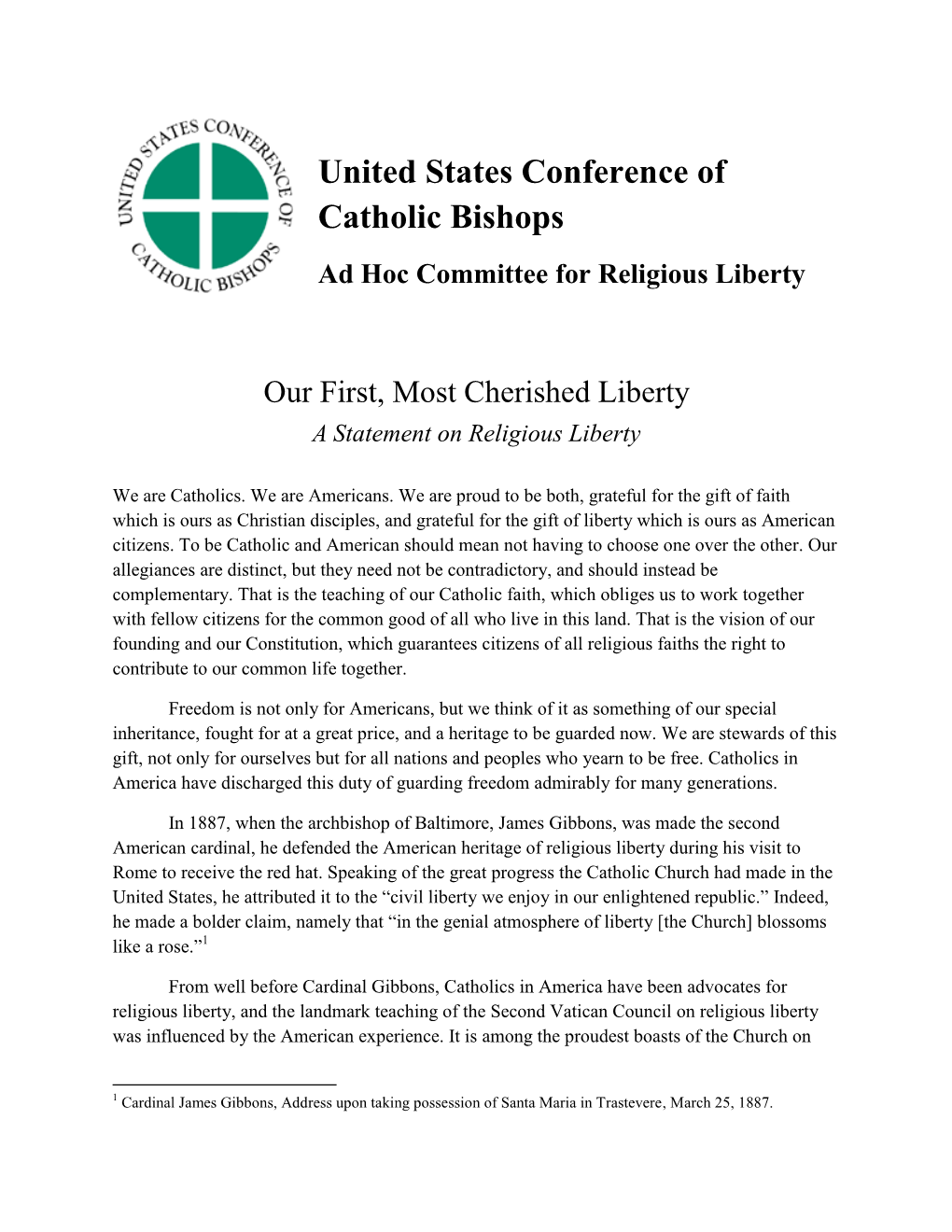 Our First, Most Cherished Liberty a Statement on Religious Liberty