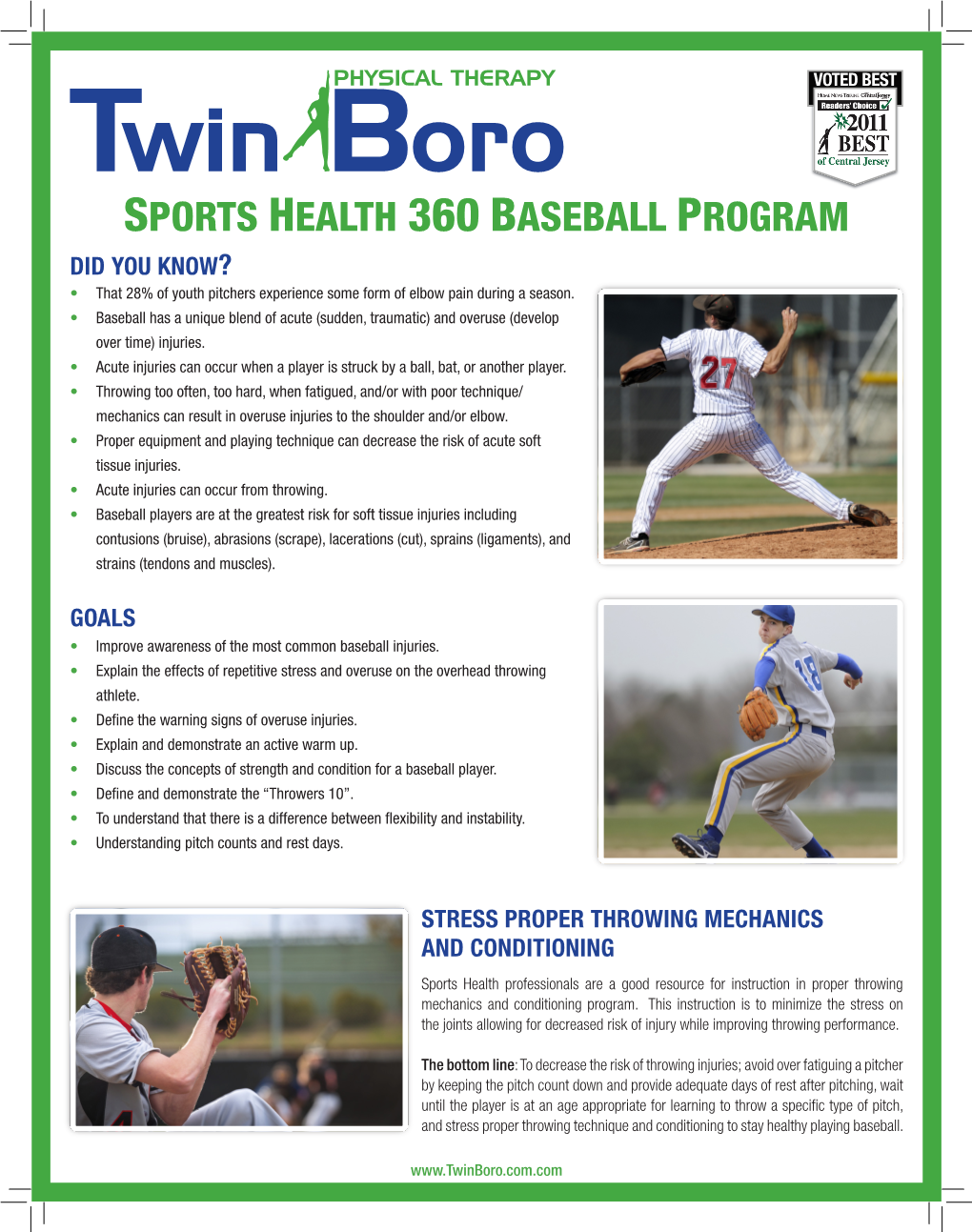 SPORTS HEALTH 360 BASEBALL PROGRAM DID YOU KNOW? • That 28% of Youth Pitchers Experience Some Form of Elbow Pain During a Season