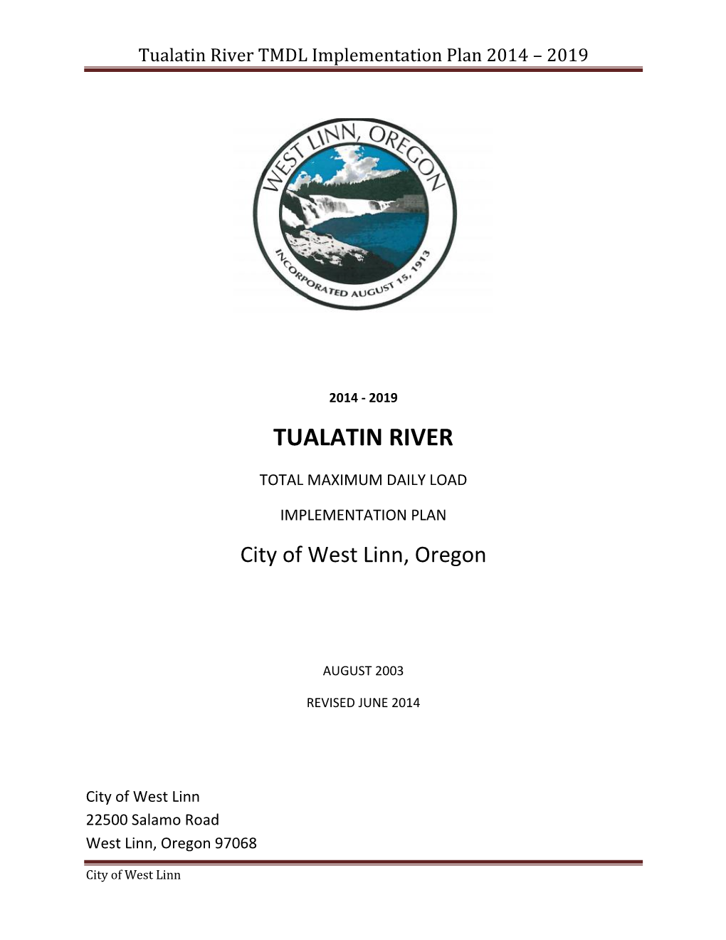 Tualatin River TMDL Implementation Plan 2014 – 2019