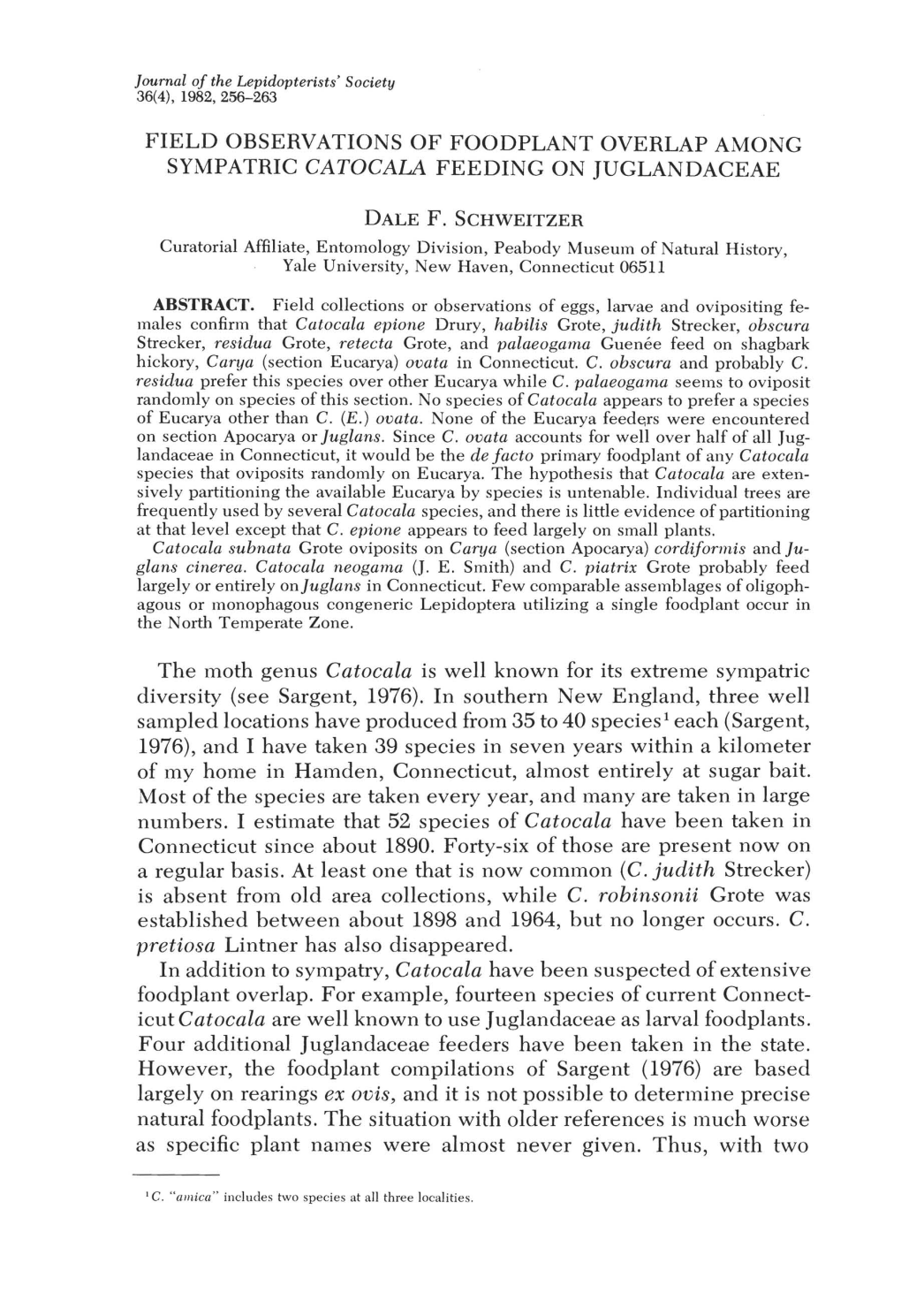 Field Observations of Foodplant Overlap Among Sympatric Catocala Feeding on Juglandaceae