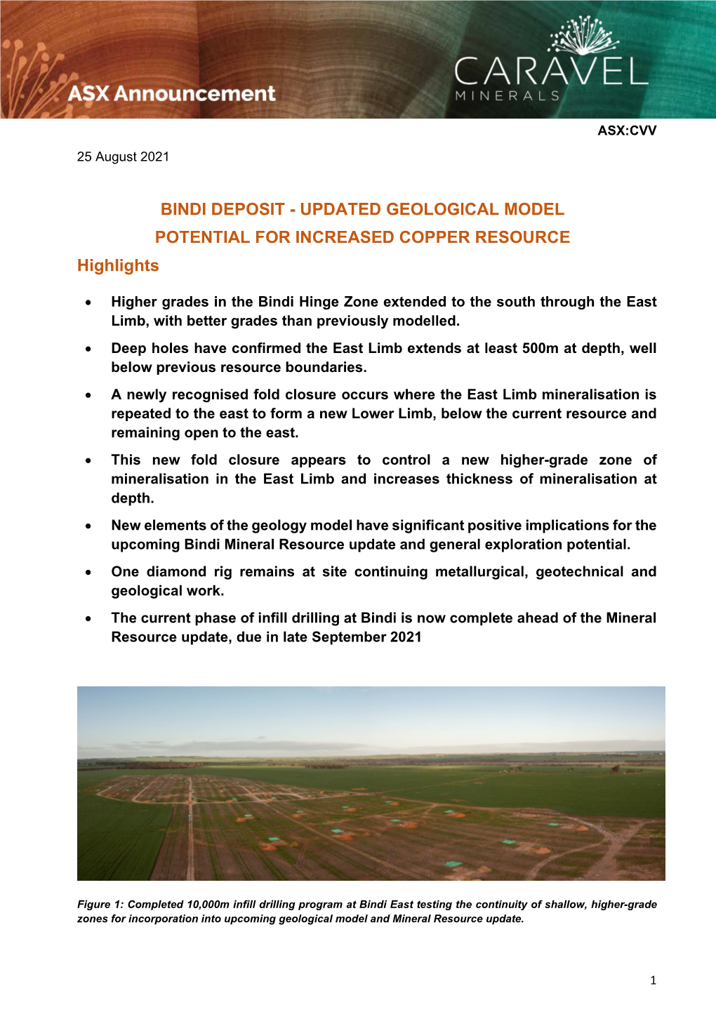BINDI DEPOSIT - UPDATED GEOLOGICAL MODEL POTENTIAL for INCREASED COPPER RESOURCE Highlights