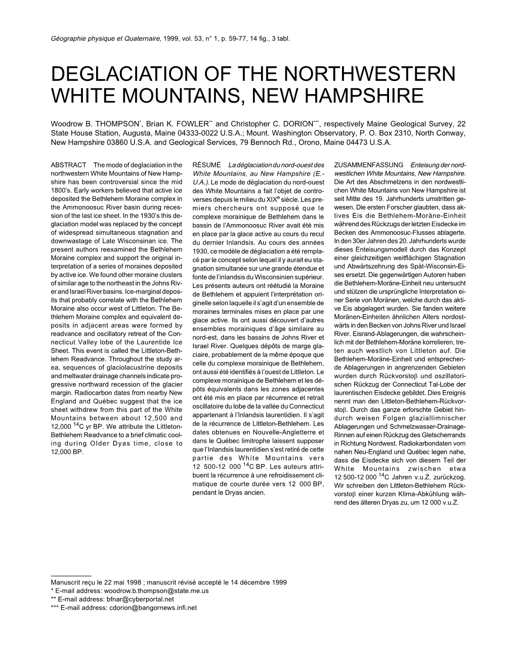 Deglaciation of the Northwestern White Mountains, New Hampshire