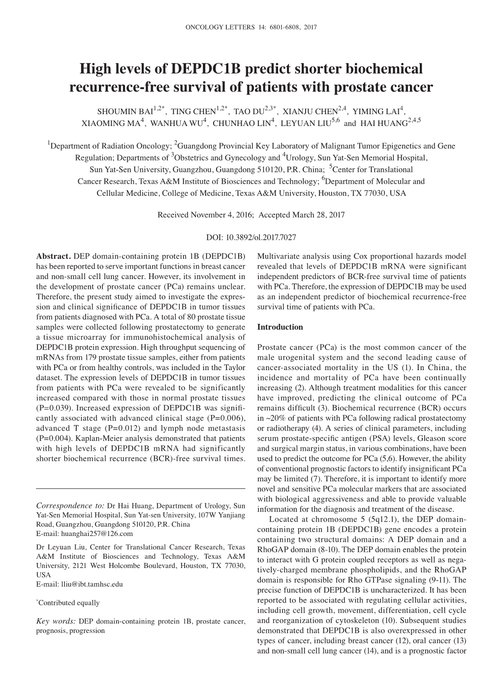 High Levels of DEPDC1B Predict Shorter Biochemical Recurrence‑Free Survival of Patients with Prostate Cancer