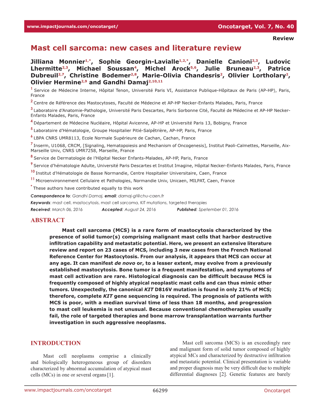 Mast Cell Sarcoma: New Cases and Literature Review