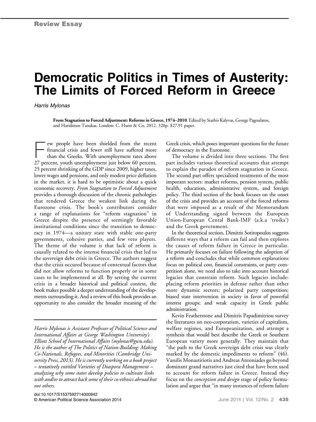 Democratic Politics in Times of Austerity: the Limits of Forced Reform in Greece