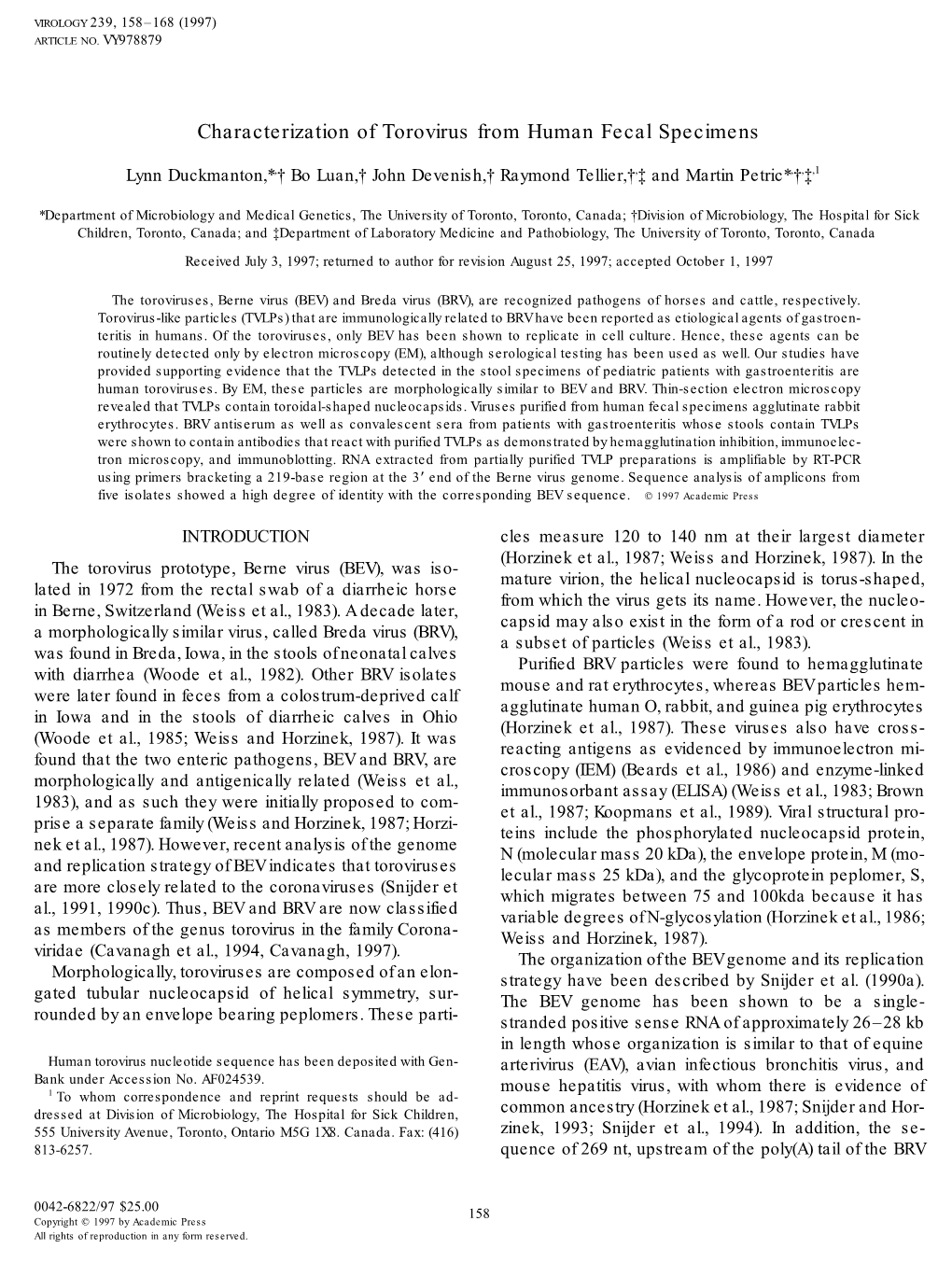 Characterization of Torovirus from Human Fecal Specimens