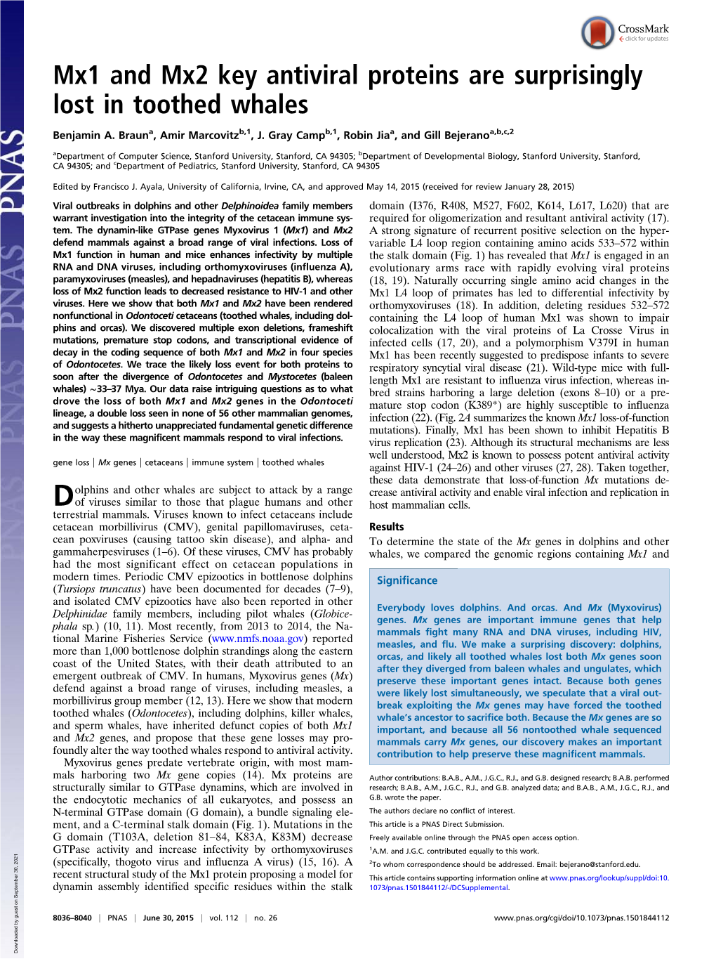 Mx1 and Mx2 Key Antiviral Proteins Are Surprisingly Lost in Toothed Whales