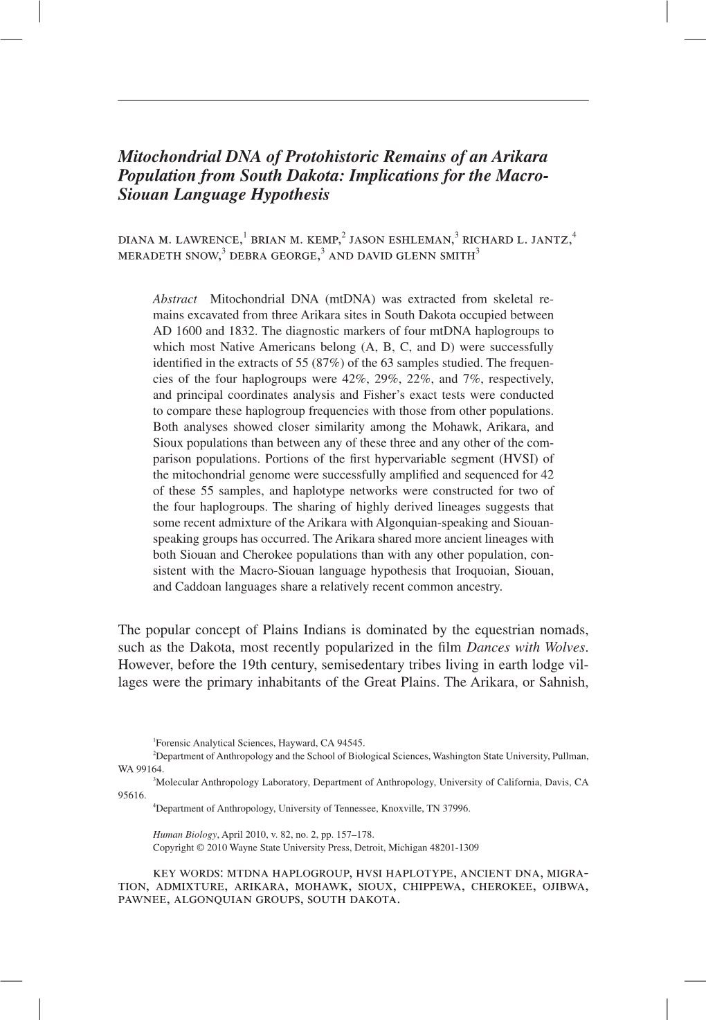 Mitochondrial DNA of Protohistoric Remains of an Arikara Population from South Dakota: Implications for the Macro- Siouan Language Hypothesis