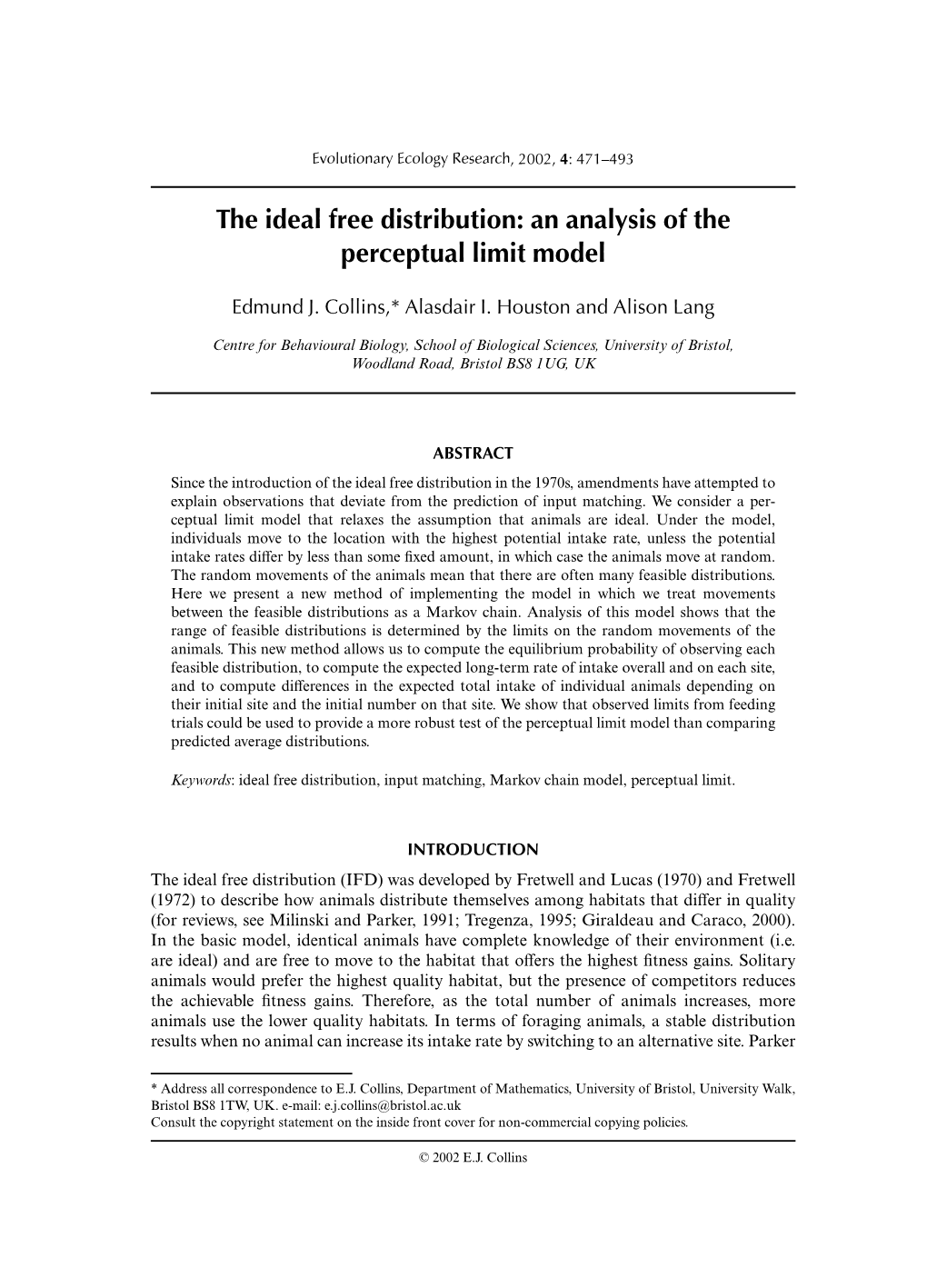 The Ideal Free Distribution: an Analysis of the Perceptual Limit Model