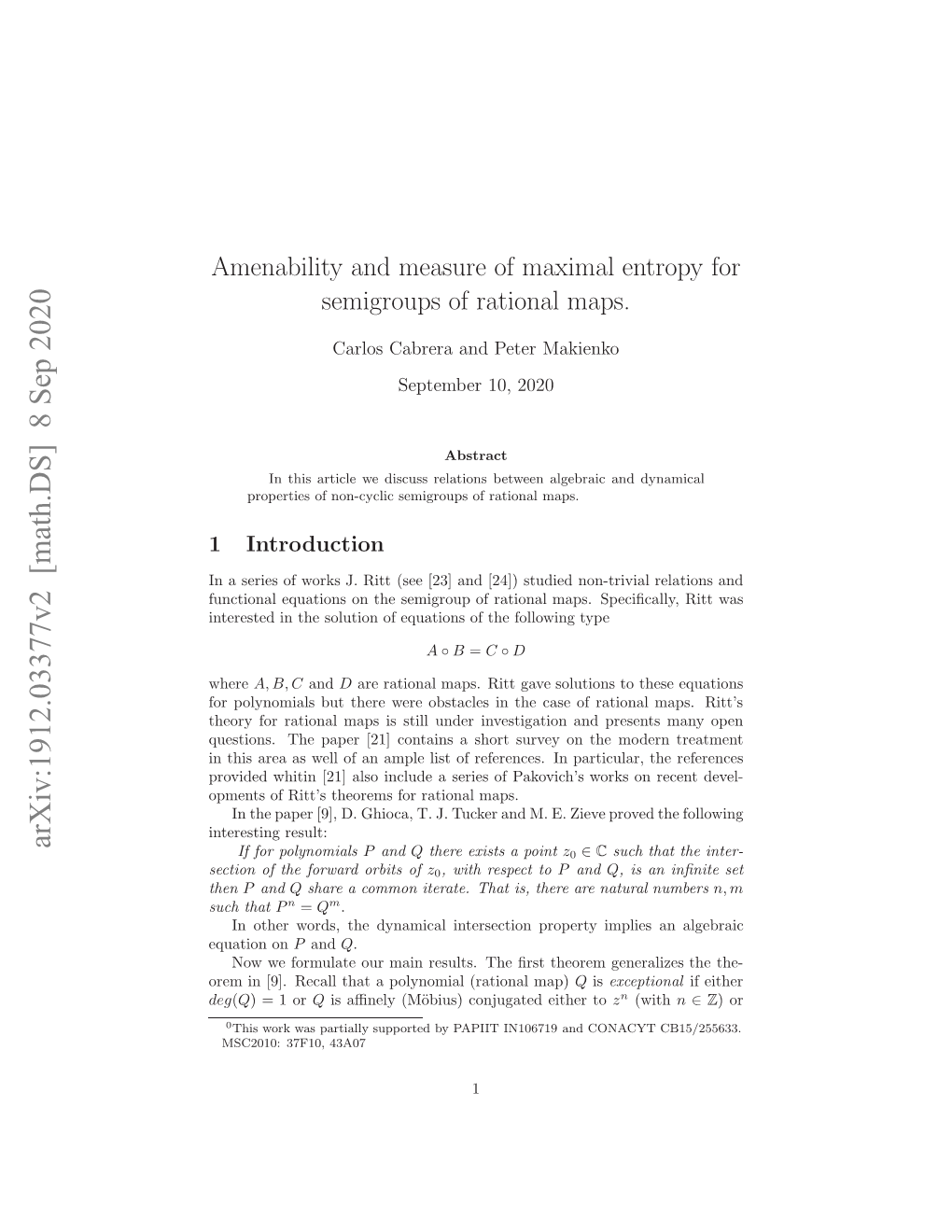 Amenability and Measure of Maximal Entropy for Semigroups of Rational