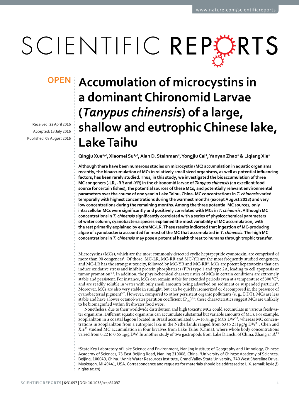 (Tanypus Chinensis) of a Large, Shallow and Eutrophic Chinese Lake, Lake Taihu