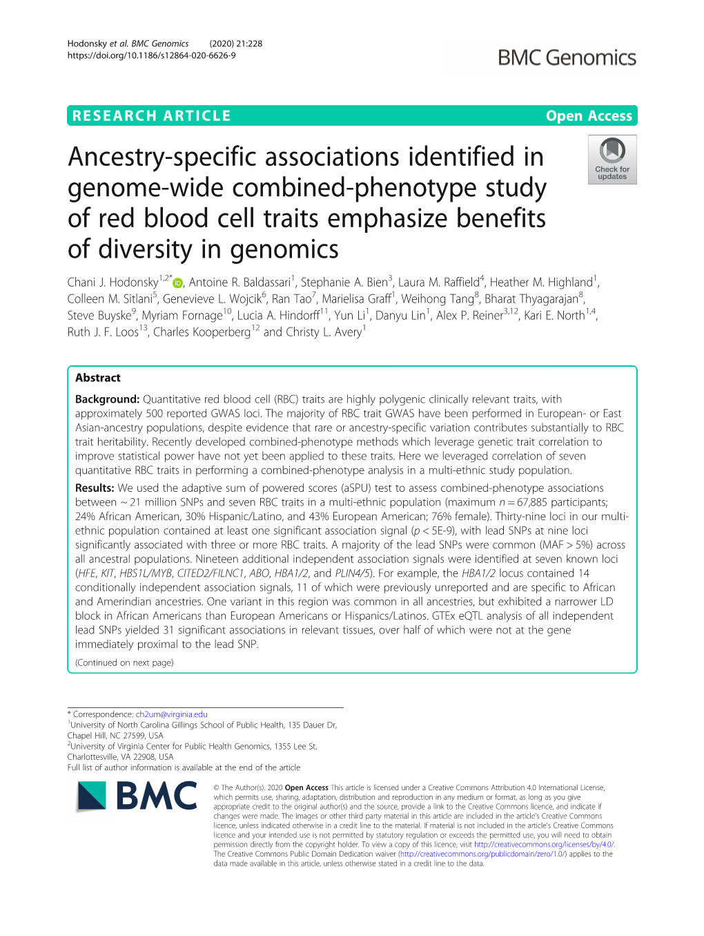 Ancestry-Specific Associations Identified in Genome-Wide Combined-Phenotype Study of Red Blood Cell Traits Emphasize Benefits of Diversity in Genomics Chani J