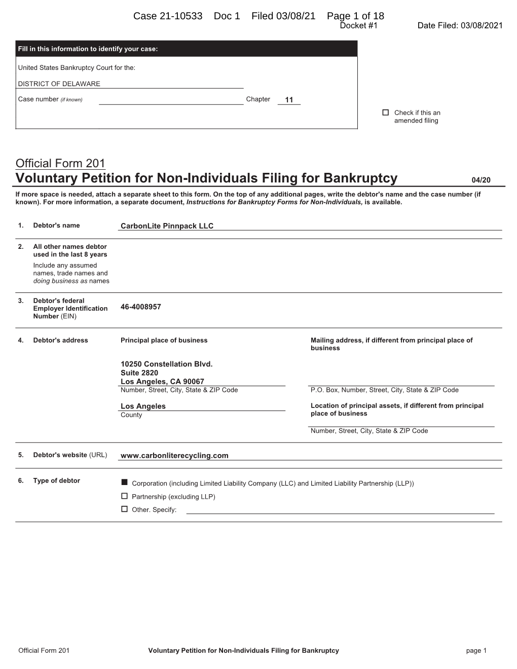 Chapter 11 Voluntary Petition for Carbonlite Pinnpack