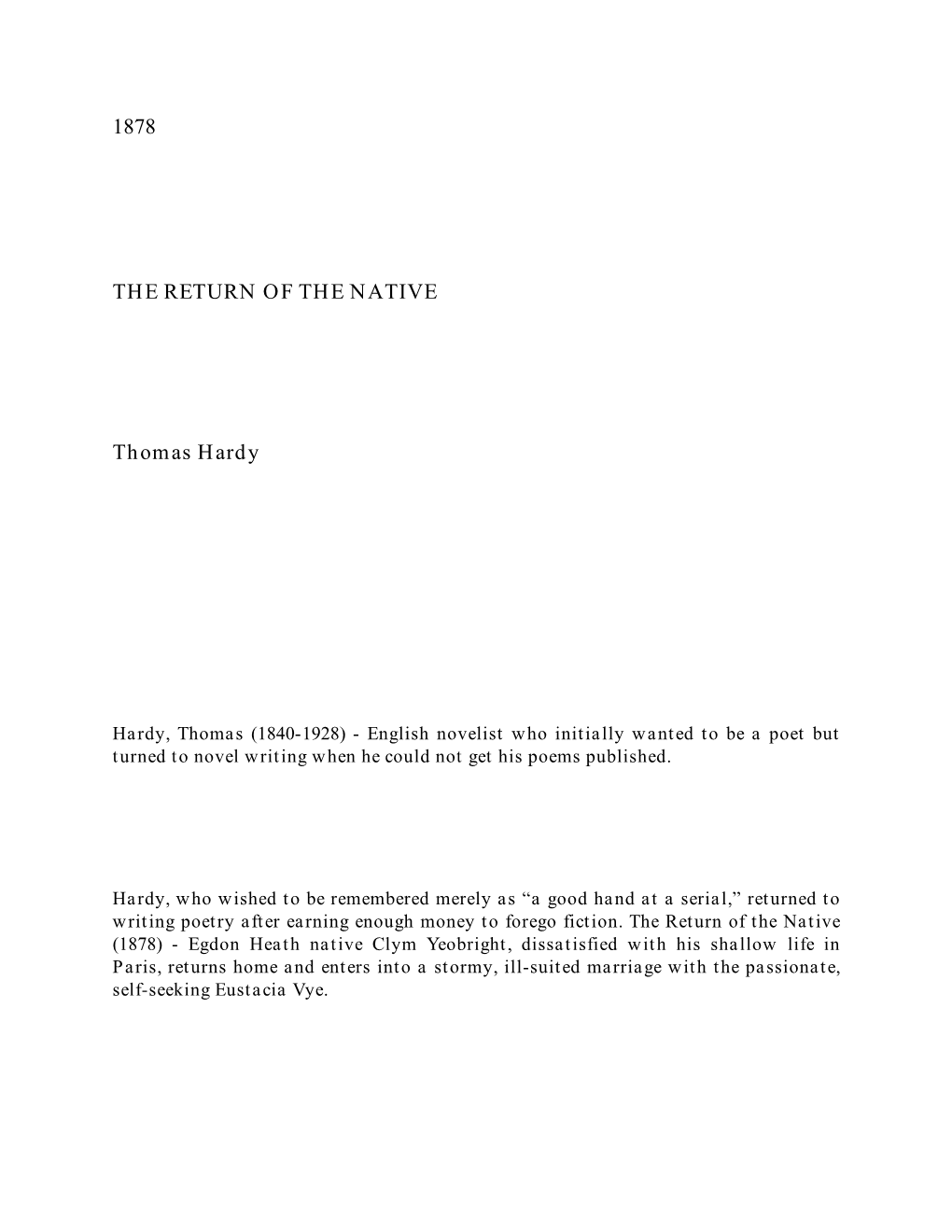 1878 the RETURN of the NATIVE Thomas Hardy