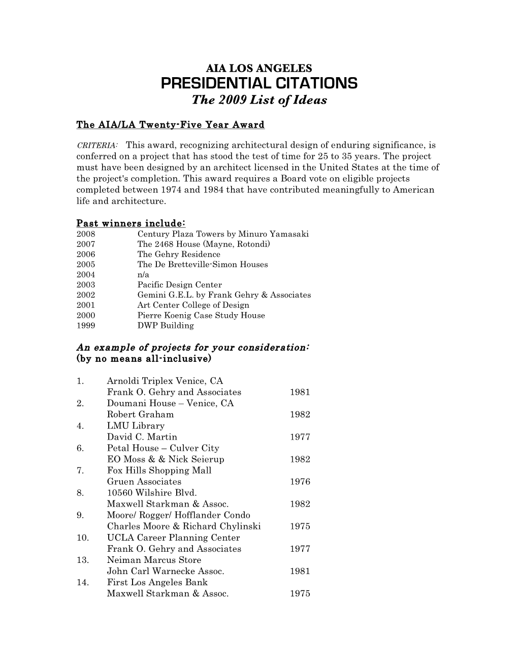 PRESIDENTIAL CITATIONS the 2009 List of Ideas