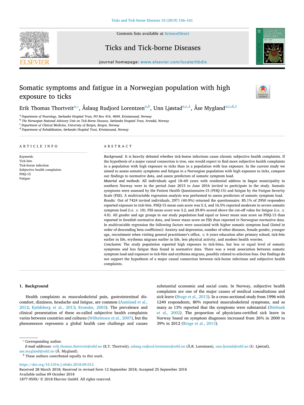 Somatic Symptoms and Fatigue in a Norwegian Population with High Exposure to Ticks